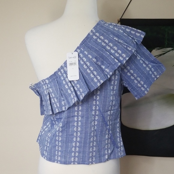 Splendid One Shoulder Ruffle Neck Line Crop Top - Picture 4 of 6